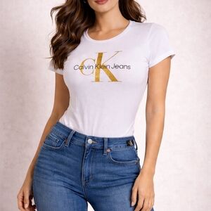 Calvin Klein White and Gold Logo T-Shirt